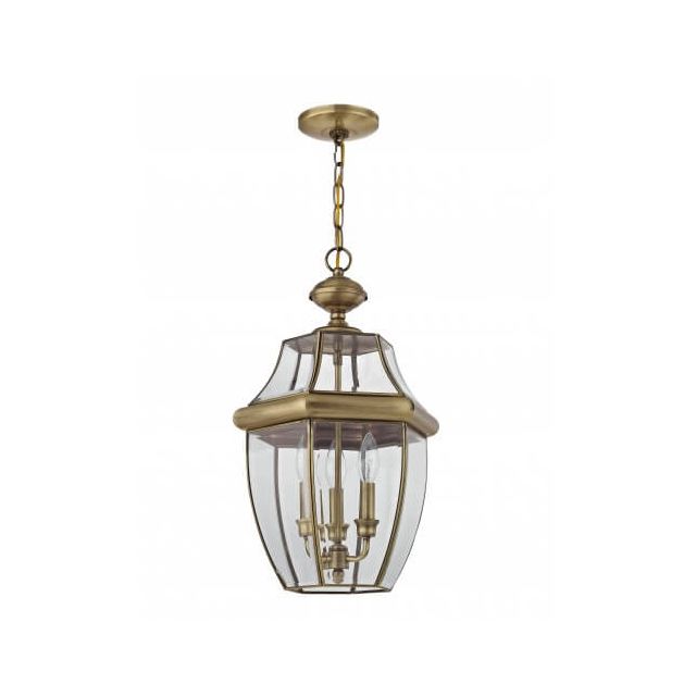 Livex 2355-01 Monterey 3 Light 13 Inch Outdoor Hanging Lantern In Antique Brass with Clear Beveled Glass