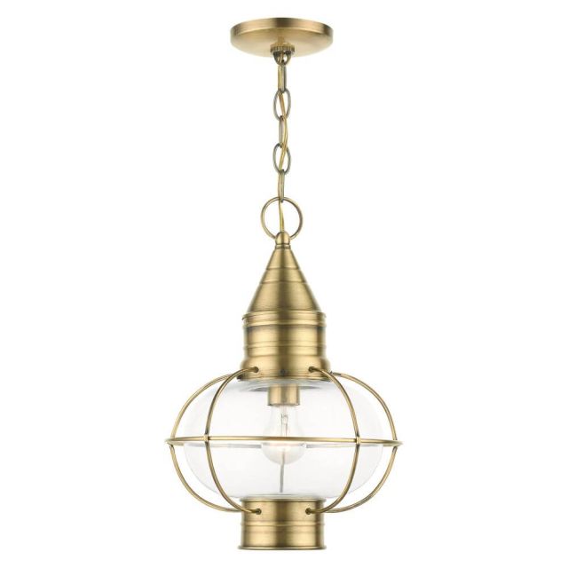 Livex 26906-01 Newburyport 1 Light 11 Inch Outdoor Hanging Lantern in Antique Brass with Hand Blown Clear Glass