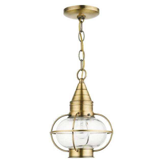 Livex 26910-01 Newburyport 1 Light 9 Inch Outdoor Hanging Lantern in Antique Brass with Hand Blown Clear Glass