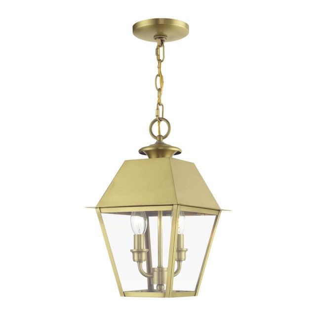 Livex 27217-08 Wentworth 2 Light 9 inch Outdoor Pendant Lantern in Natural Brass with Clear Glass
