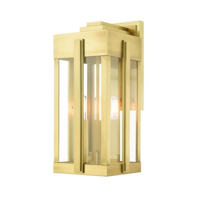 Livex 27714-08 Lexington 3 Light 18 Inch Tall Outdoor Wall Lantern in Natural Brass with Clear Glass