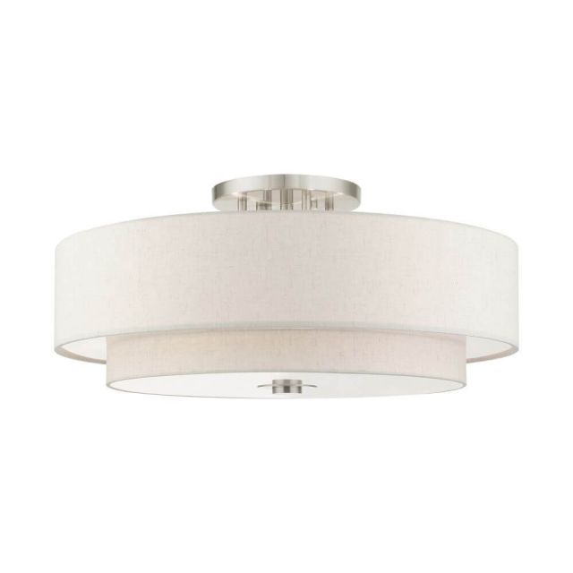 Livex 45849-91 Meridian 6 Light 30 Inch Semi Flush Mount in Brushed Nickel with Hand Crafted Hardback Shade
