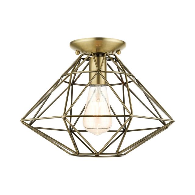 Livex 46248-01 Geometric 1 Light 14 Inch Flush Mount in Antique Brass with Hand Welded Antique Brass Shade