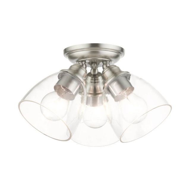 Livex 46339-91 Montgomery 3 Light 14 Inch Flush Mount in Brushed Nickel with Hand Blown Clear Glass