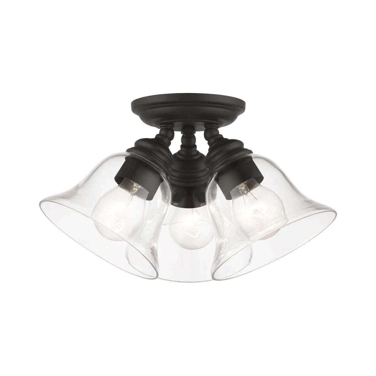 Livex 46489-04 Moreland 3 Light 15 inch Semi-Flush Mount in Black with Hand Blown Clear Glass