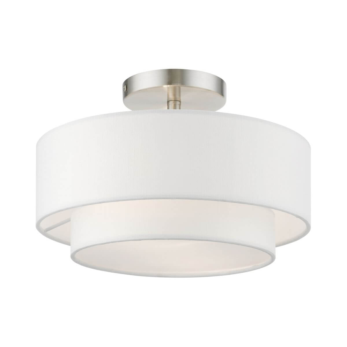 Livex 47151-91 Meridian 2 Light 12 inch Semi-Flush Mount in Brushed Nickel with Hand Crafted Off-white Hardback Fabric Shade - White Fabric Inside