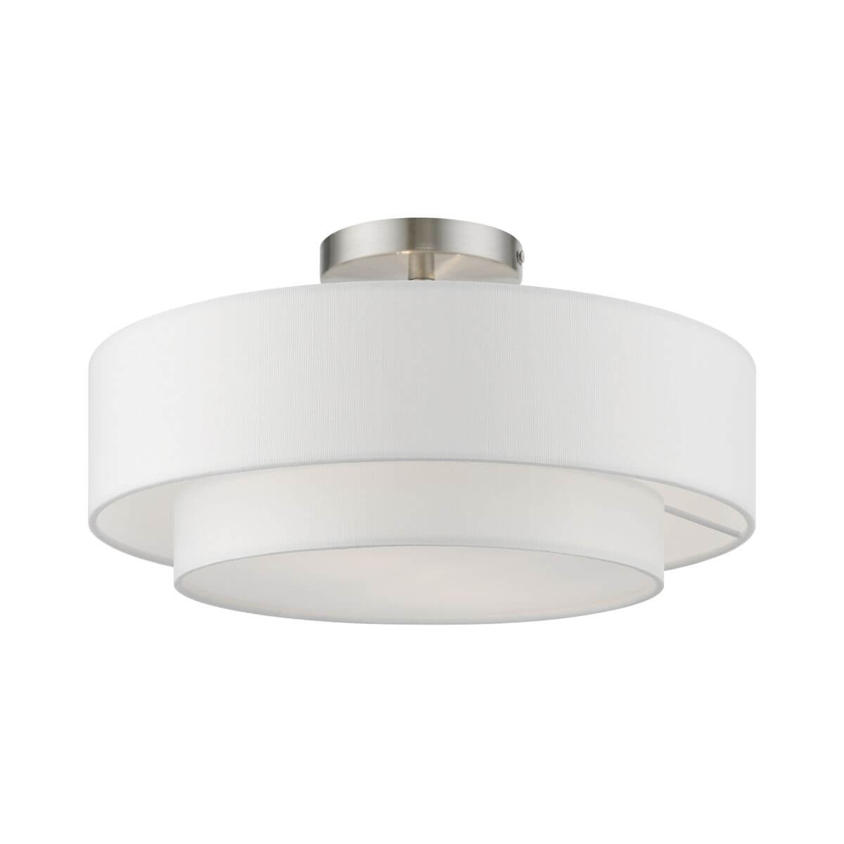 Livex 47153-91 Meridian 2 Light 15 inch Semi-Flush Mount in Brushed Nickel with Hand Crafted Off-white Hardback Fabric Shade - White Fabric Inside