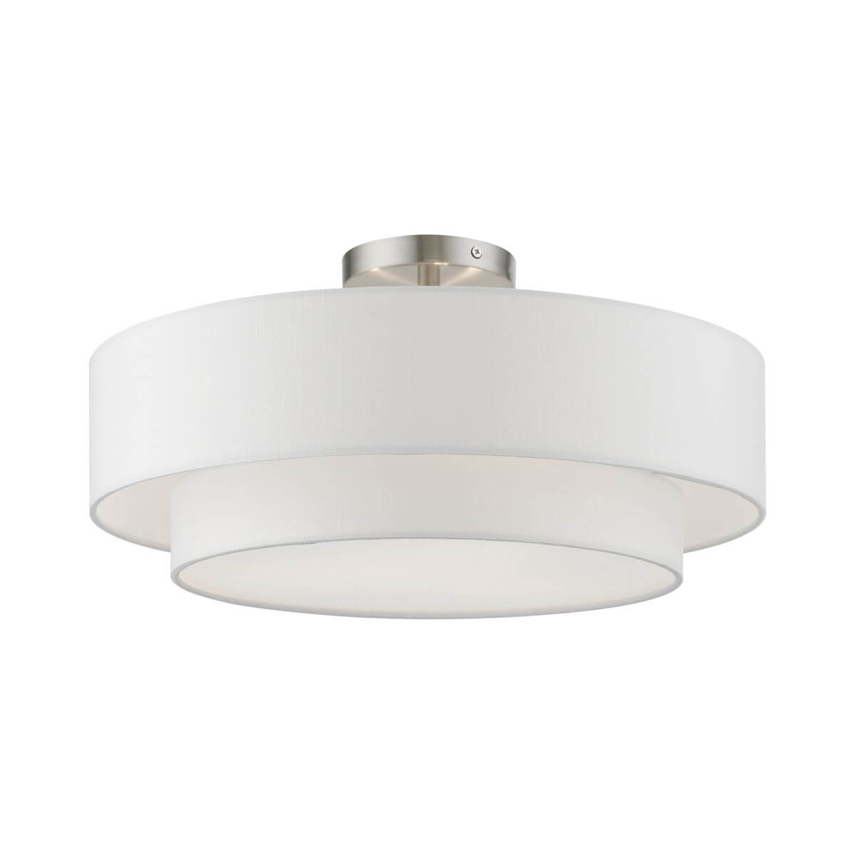 Livex 47154-91 Meridian 3 Light 18 inch Semi-Flush Mount in Brushed Nickel with Hand Crafted Off-white Hardback Fabric Shade - White Fabric Inside