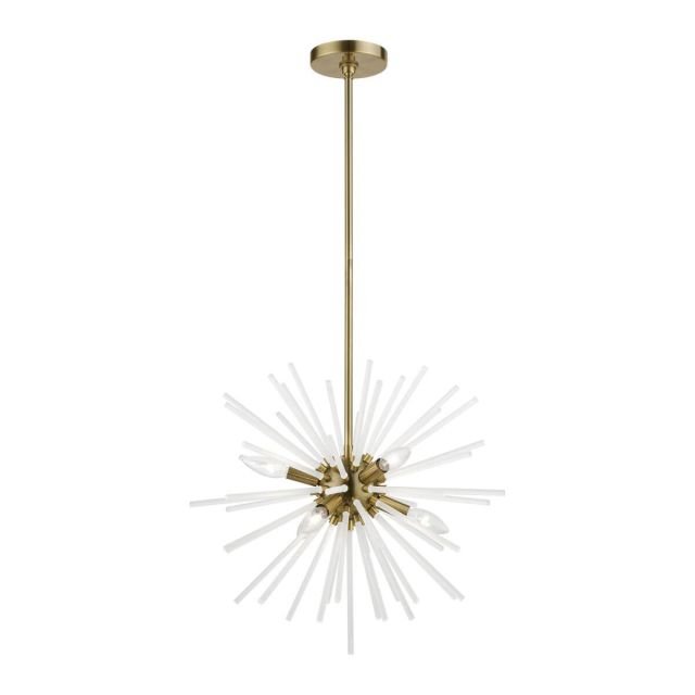 Livex 48824-01 Uptown 6 Light 20 inch Chandelier in Antique Brass with Acid Etched Rods
