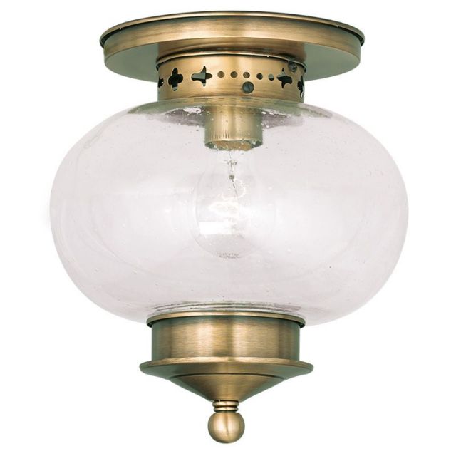 Livex 5036-01 Harbor 1 Light 10 Inch Flush Mount In Antique Brass With Hand Blown Seeded Glass