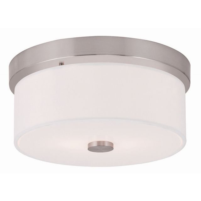Livex 50862-91 Meridian 2 Light 11 Inch Flush Mount In Brushed Nickel with Hand Crafted Off-White Fabric Hardback Shade