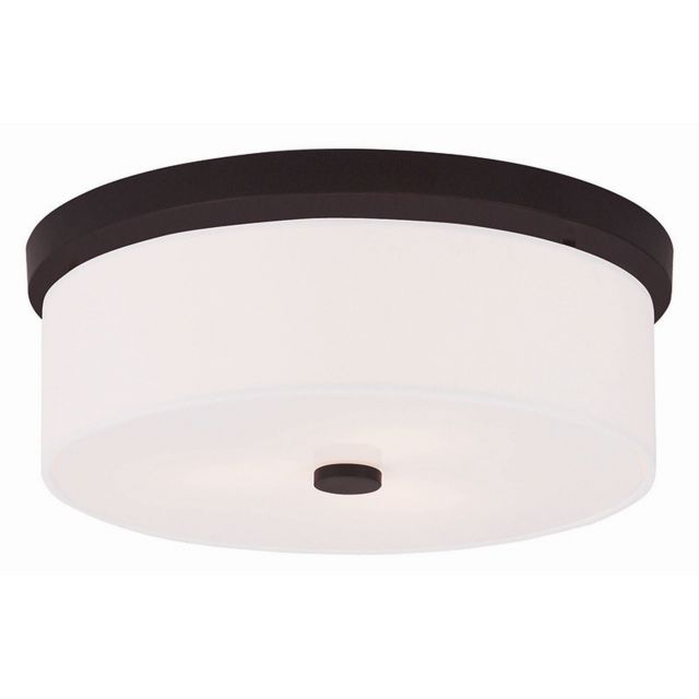 Livex 50864-07 Meridian 3 Light 15 Inch Flush Mount In Bronze with Hand Crafted Off-White Fabric Hardback Shade