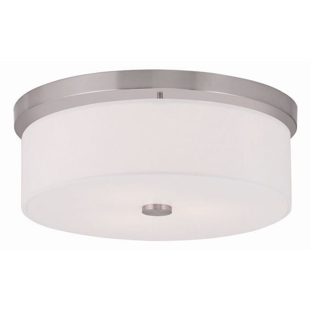 Livex 50864-91 Meridian 3 Light 15 Inch Flush Mount In Brushed Nickel with Hand Crafted Off-White Fabric Hardback Shade