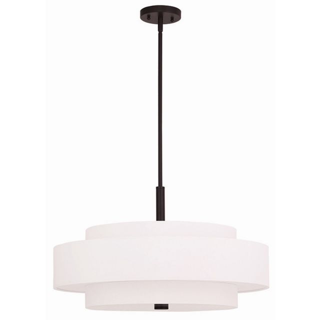 Livex 50875-07 Meridian 5 Light 24 Inch Pendant In Bronze with Hand Crafted Off-White Fabric Hardback Shade