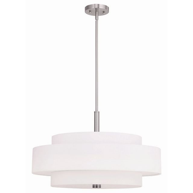 Livex 50875-91 Meridian 5 Light 24 Inch Pendant In Brushed Nickel with Hand Crafted Off-White Fabric Hardback Shade