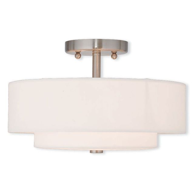 Livex 51043-91 Claremont 2 Light 13 Inch Flush Mount In Brushed Nickel Hand Crafted Off-White Fabric Hardback Shade