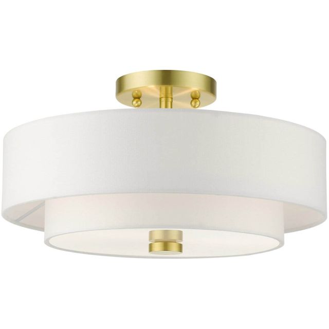 Livex 51044-12 Meridian 3 Light 15 Inch Semi Flush Mount in Satin Brass with Hand Crafted Hardback Shade