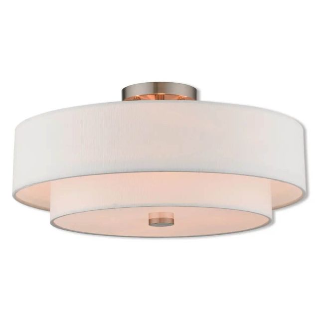 Livex 51045-91 Claremont 4 Light 18 Inch Flush Mount In Brushed Nickel With Hand Crafted Off-White Fabric Outside And White Fabric Inside Hardback Shade