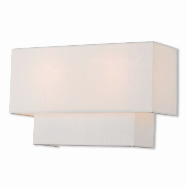Livex 51046-91 Claremont 2 Light 8 Inch Tall Wall Sconce In Brushed Nickel With Hand Crafted Off-White Fabric Outside And White Fabric Inside Hardback Shade