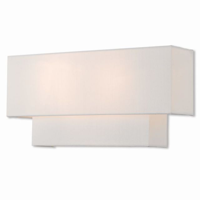 Livex 51047-91 Claremont 2 Light 8 Inch Tall Wall Sconce In Brushed Nickel With Hand Crafted Off-White Fabric Outside And White Fabric Inside Hardback Shade