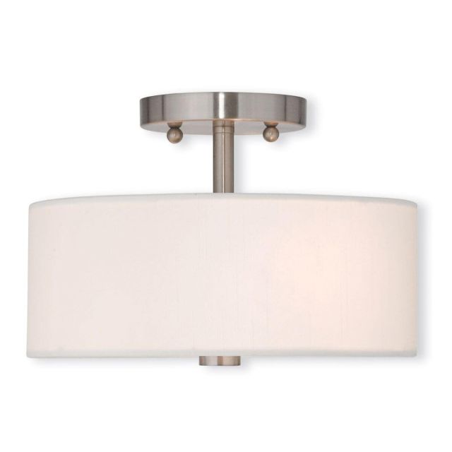 Livex 51052-91 Meridian 2 Light 11 Inch Flush Mount In Brushed Nickel Hand Crafted Off-White Fabric Hardback Shade