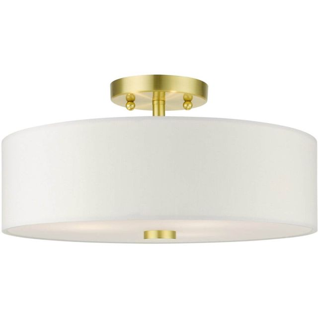 Livex 51054-12 Meridian 3 Light 15 Inch Semi Flush Mount in Satin Brass with Hand Crafted Hardback Shade