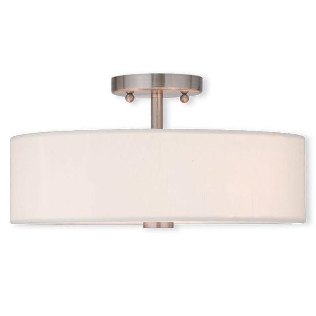 Livex 51054-91 Meridian 3 Light 15 Inch Ceiling Light In Brushed Nickel Hand Crafted Off-White Fabric Hardback Shade