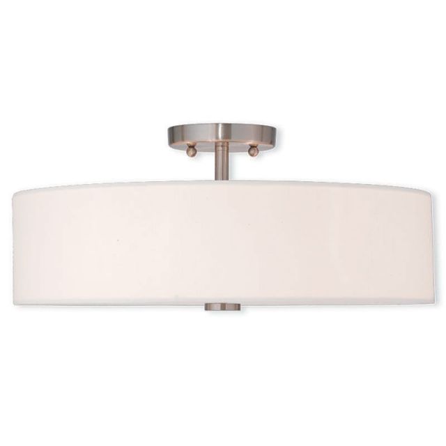 Livex 51055-91 Meridian 4 Light 18 Inch Flush Mount In Brushed Nickel Hand Crafted Off-White Fabric Hardback Shade