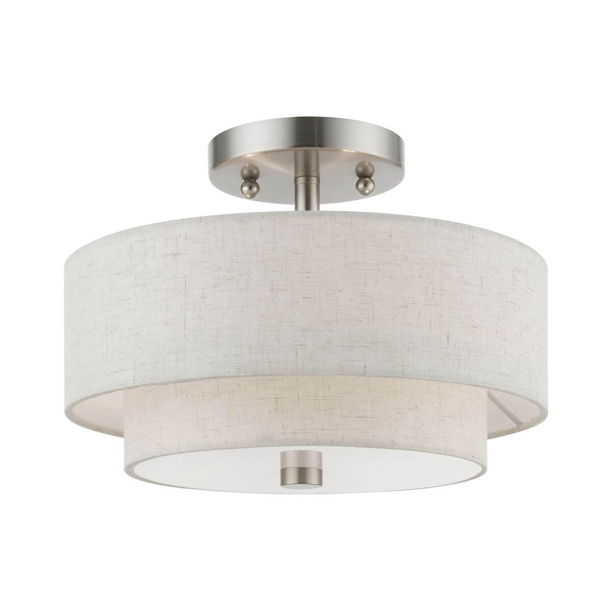 Livex 51082-91 Meridian 2 Light 11 inch Semi-Flush Mount in Brushed Nickel with Hand Crafted Oatmeal Color Hardback Fabric Shade - White Fabric Inside