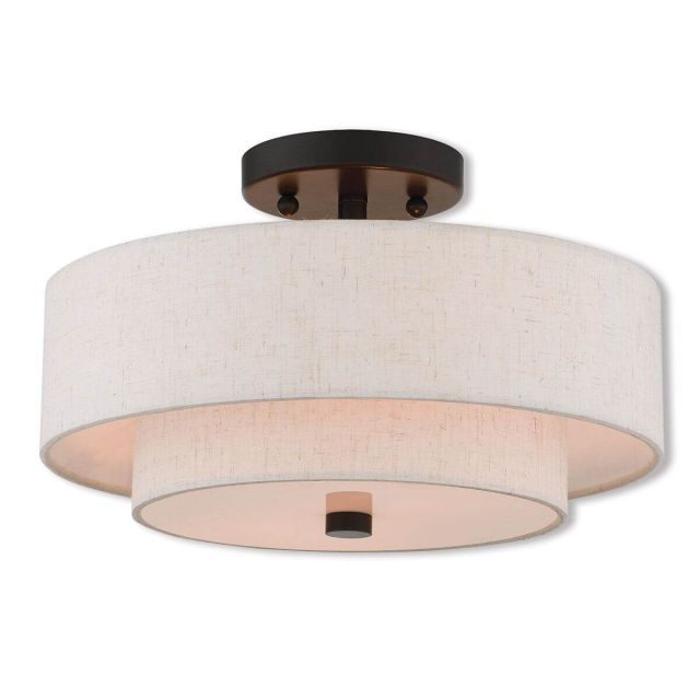 Livex 51083-92 Claremont 2 Light 13 Inch Flush Mount In English Bronze With Hand Crafted Oatmeal Color Fabric Outside And White Fabric Inside Hardback Shade