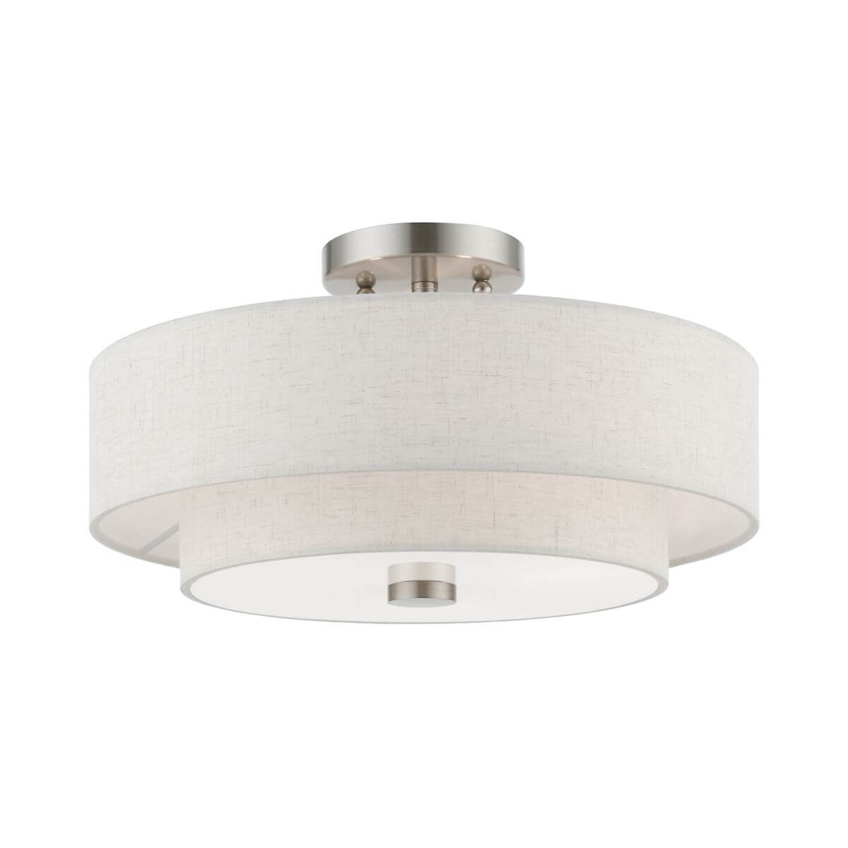 Livex 51084-91 Meridian 3 Light 15 inch Semi-Flush Mount in Brushed Nickel with Hand Crafted Oatmeal Color Hardback Fabric Shade - White Fabric Inside