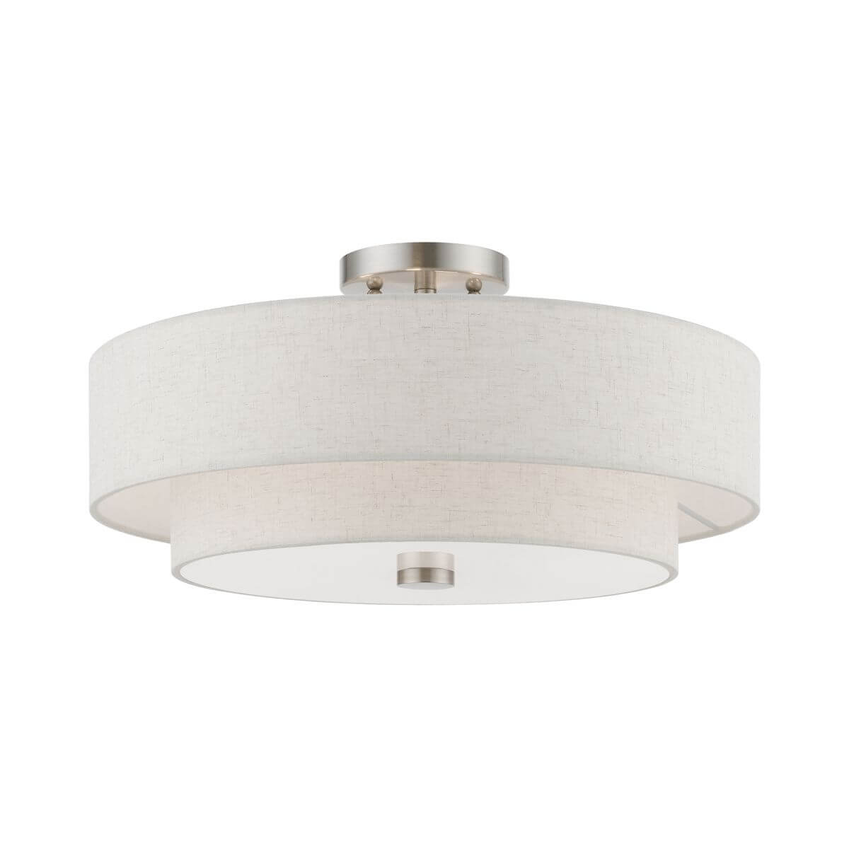 Livex 51085-91 Meridian 4 Light 18 inch Semi-Flush Mount in Brushed Nickel with Hand Crafted Oatmeal Color Hardback Fabric Shade - White Fabric Inside