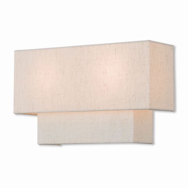 Livex 51086-92 Claremont 2 Light 8 Inch Tall Wall Sconce In English Bronze With Hand Crafted Oatmeal Color Fabric Outside And White Fabric Inside Hardback Shade