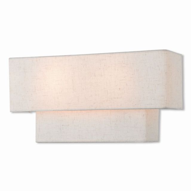 Livex 51087-92 Claremont 2 Light 8 Inch Tall Wall Sconce In English Bronze With Hand Crafted Oatmeal Color Fabric Outside And White Fabric Inside Hardback Shade