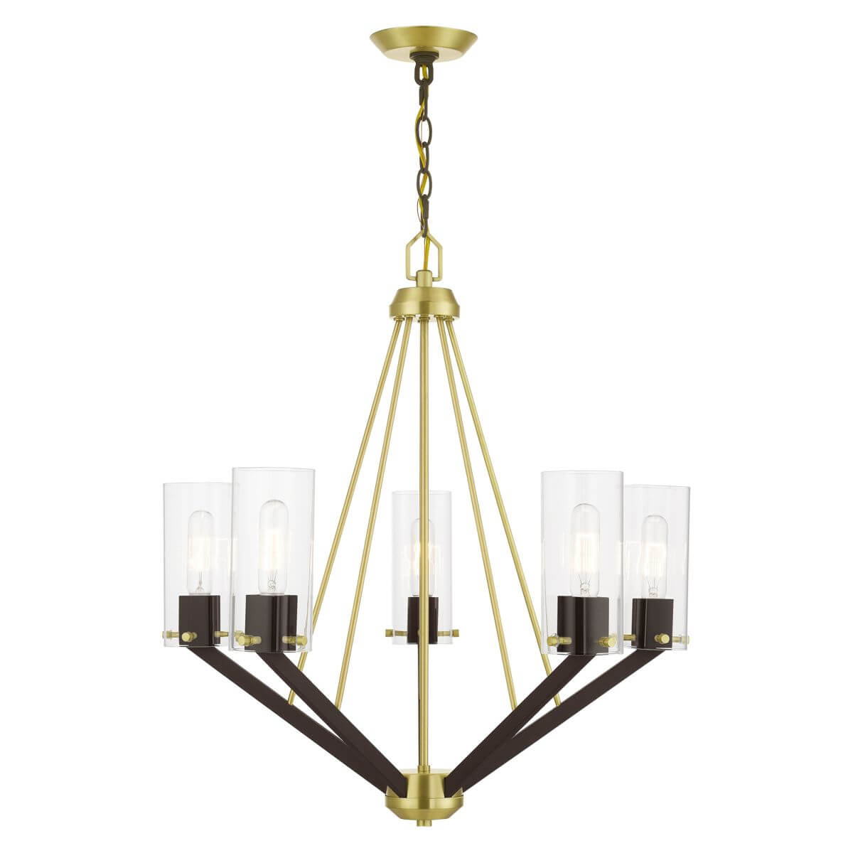 Livex 51165-12 Beckett 5 Light 26 inch Chandelier in Satin Brass-Bronze with Hand Blown Rounded Corners Clear Square Glass