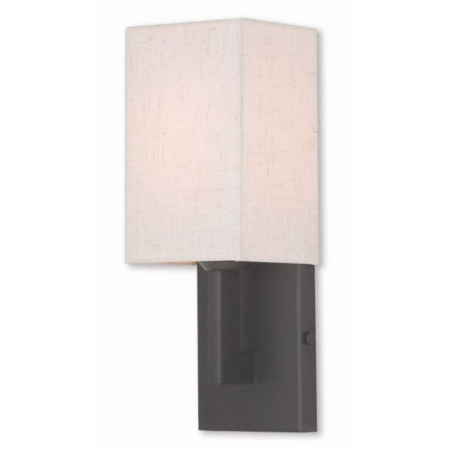 Livex 52131-92 Meridian 1 Light 13 Inch Tall Wall Sconce In English Bronze With Hand Crafted Oatmeal Color Fabric Hardback Shade
