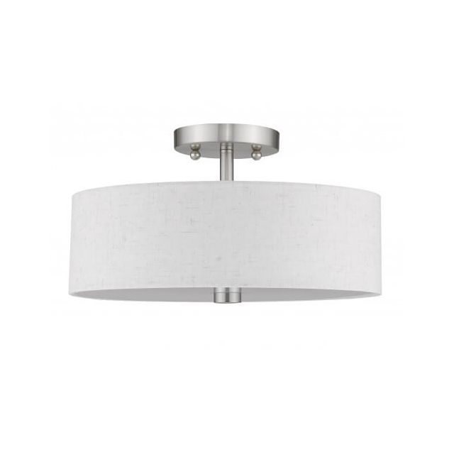 Livex 52133-91 Meridian 2 Light 11 Inch Flush Mount In Brushed Nickel With Hand Crafted Oatmeal Color Fabric Hardback Shade