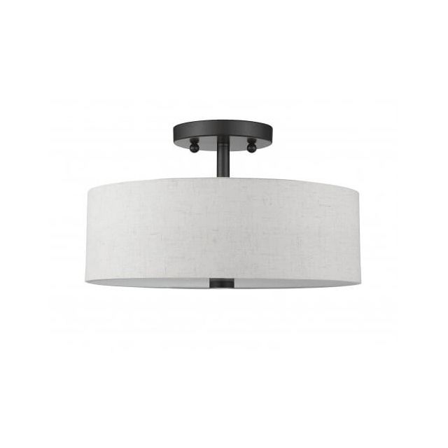 Livex 52134-92 Meridian 2 Light 13 Inch Flush Mount In English Bronze With Hand Crafted Oatmeal Color Fabric Hardback Shade