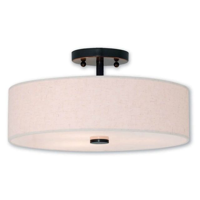 Livex 52135-92 Meridian 3 Light 15 Inch Flush Mount In English Bronze With Hand Crafted Oatmeal Color Fabric Hardback Shade