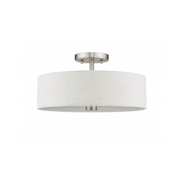 Livex 52135-91 Meridian 3 Light 15 Inch Flush Mount In Brushed Nickel With Hand Crafted Oatmeal Color Fabric Hardback Shade