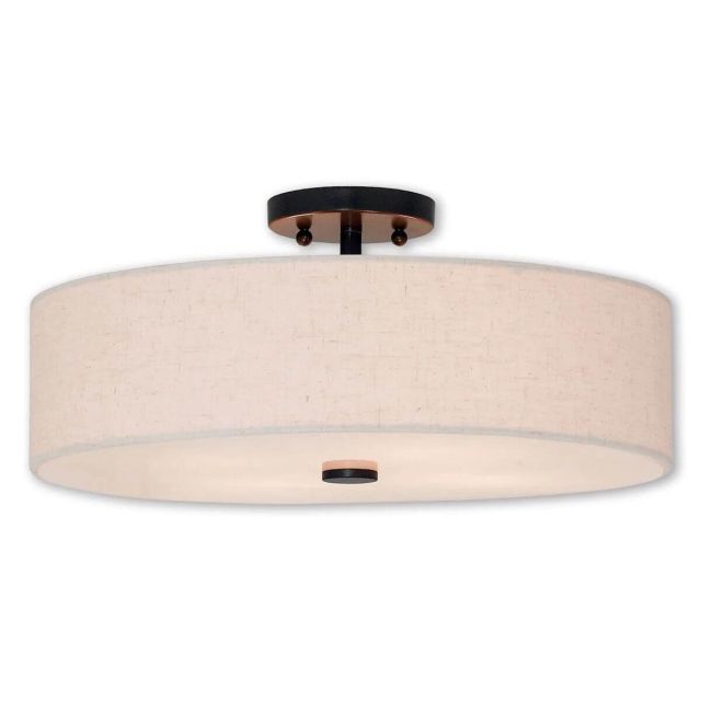 Livex 52136-92 Meridian 4 Light 18 Inch Flush Mount In English Bronze With Hand Crafted Oatmeal Color Fabric Hardback Shade