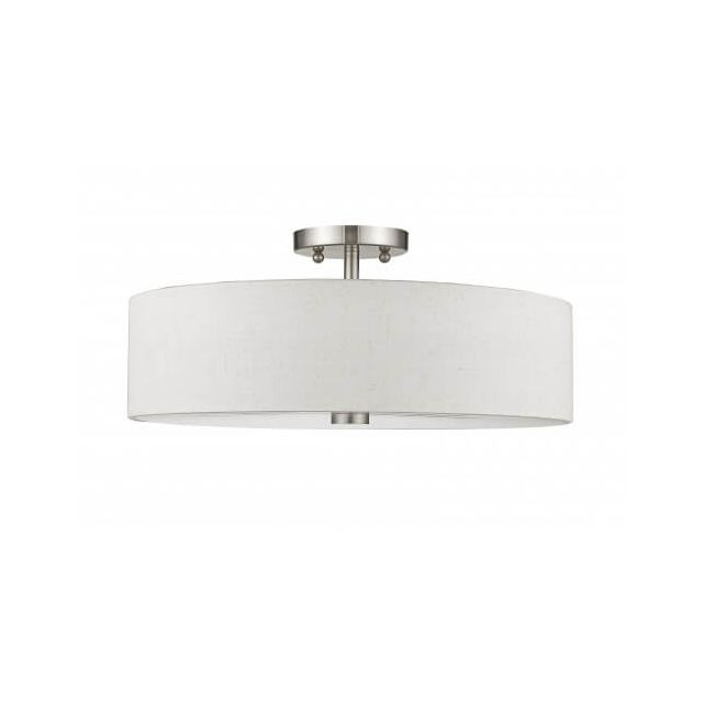 Livex 52136-91 Meridian 4 Light 18 Inch Flush Mount In Brushed Nickel With Hand Crafted Oatmeal Color Fabric Hardback Shade