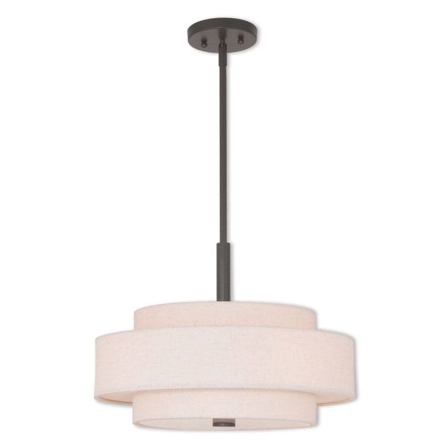Livex 52137-92 Meridian 4 Light 18 Inch Pendant In English Bronze With Hand Crafted Oatmeal Color Fabric Hardback Shade