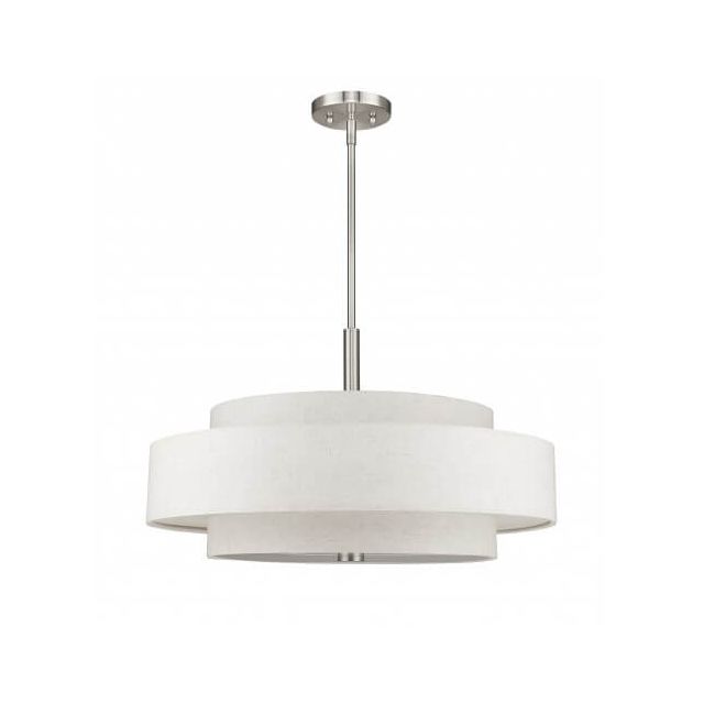 Livex 52138-91 Meridian 5 Light 24 Inch Pendant In Brushed Nickel With Hand Crafted Oatmeal Color Fabric Hardback Shade