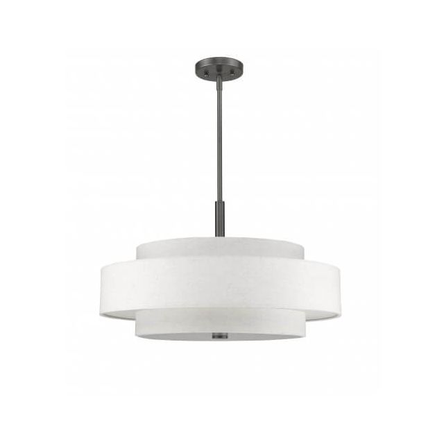 Livex 52138-92 Meridian 5 Light 24 Inch Pendant In English Bronze With Hand Crafted Oatmeal Color Fabric Hardback Shade