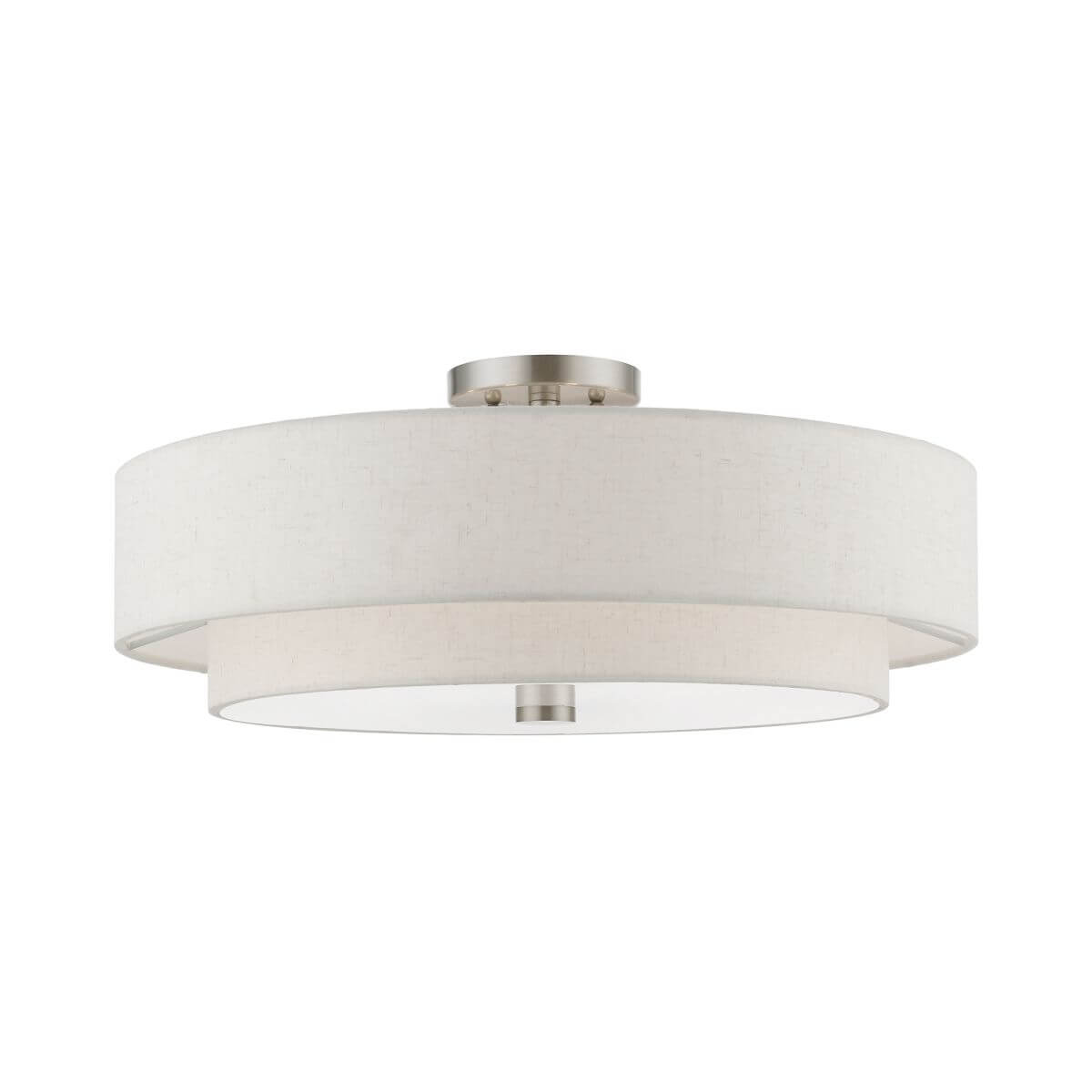 Livex 52139-91 Meridian 5 Light 22 inch Semi-Flush Mount in Brushed Nickel with Hand Crafted Oatmeal Color Hardback Fabric Shade - White Fabric Inside