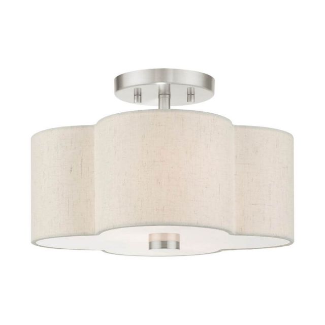 Livex 58062-91 Solstice 2 Light 13 Inch Semi Flush Mount in Brushed Nickel with Hand Crafted Hardback Scalloped Shade