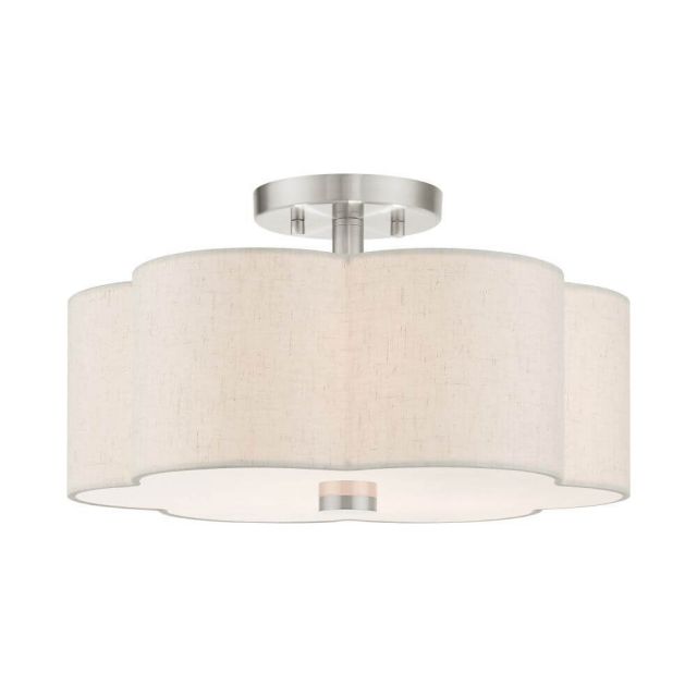 Livex 58063-91 Solstice 3 Light 15 Inch Semi Flush Mount in Brushed Nickel with Hand Crafted Hardback Scalloped Shade