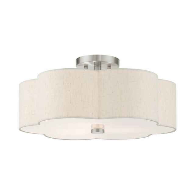 Livex 58064-91 Solstice 3 Light 18 Inch Semi Flush Mount in Brushed Nickel with Hand Crafted Hardback Scalloped Shade