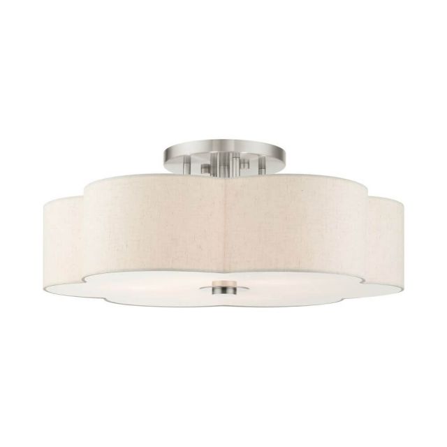 Livex 58069-91 Solstice 6 Light 28 Inch Semi Flush Mount in Brushed Nickel with Hand Crafted Hardback Scalloped Shade